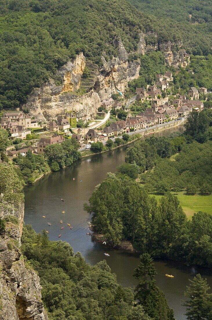 An aerial view of the Dordogne River and La Roque-Gageac from Les Jardins de Marqueyssac, Dordogne, France, Europe