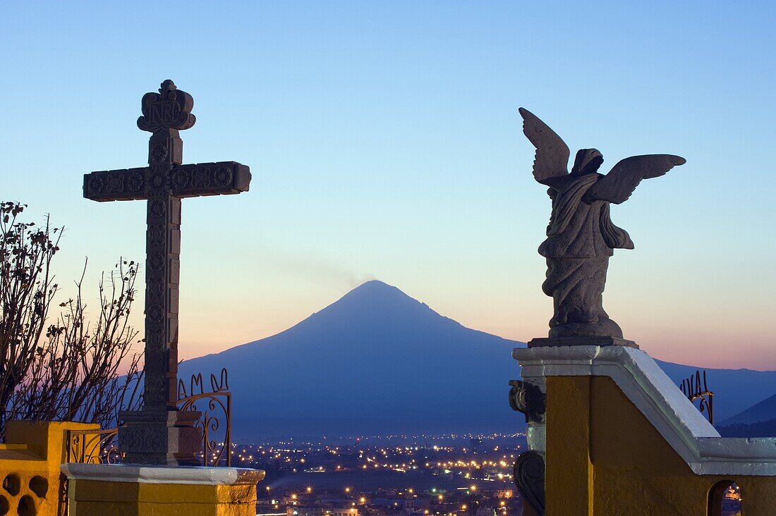 Santuario de Nuestra Senora de los Remedios and Volcan de Popocatepetl, 5452m, Cholula, Puebla state, Mexico North America