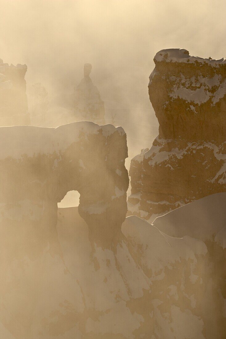 Foggy sunrise at Sunrise Point with snow, Bryce Canyon National Park, Utah, United States of America. North America