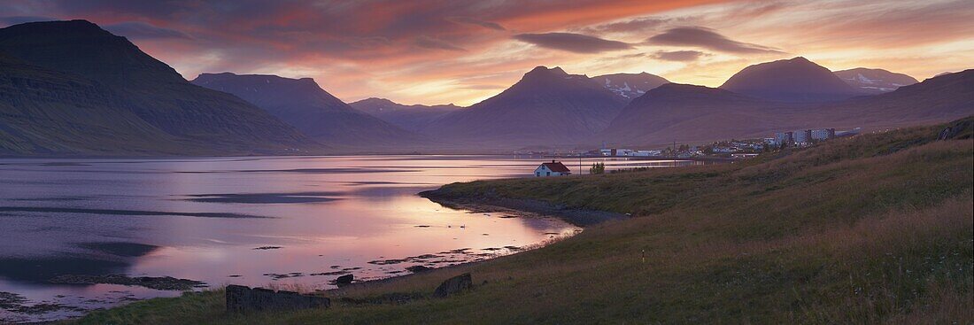 Sunset on Reydarfjordur town, in the East Fjords region (Austurland), Iceland, Polar Regions