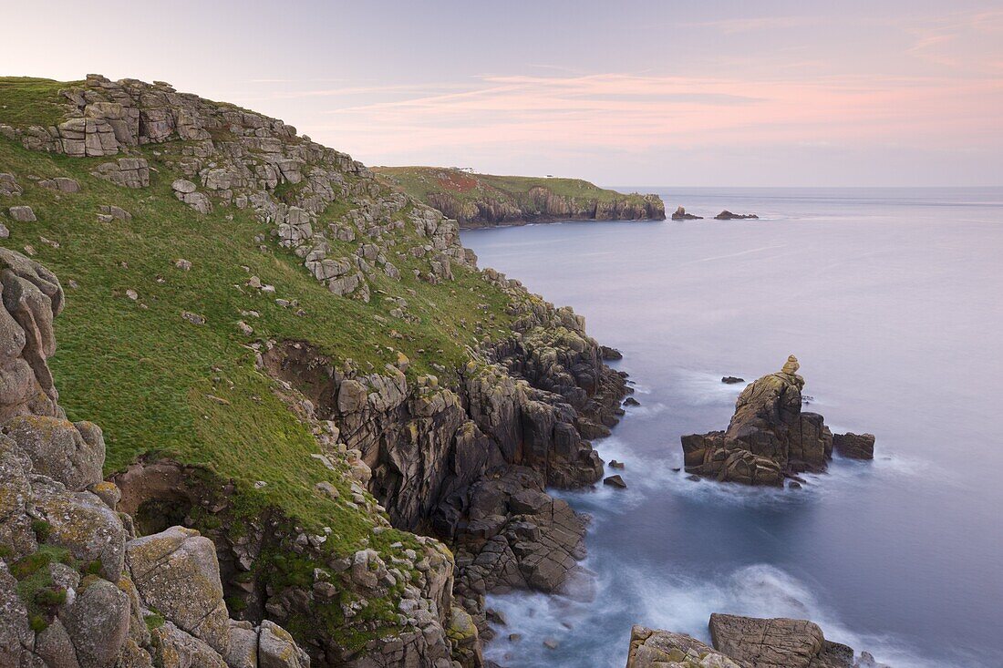 Looking towards the Irish Lady stack and Dr. Syntax's Head from the cliffs of Pedn-men-du, Lands End, Cornwall, England, United Kingdom, Europe