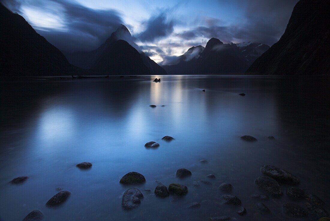Darkness descends at Milford Sound, Fiordland, South Island, New Zealand, Pacific