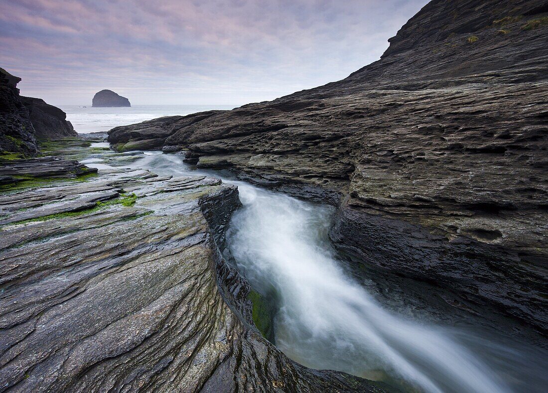 Water eroded slate beds at Trebarwith Strand in North Cornwall, England, United Kingdom, Europe