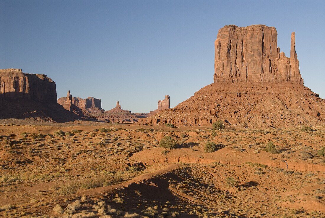 West Mitten Butte on the right, Monument Valley Navajo Tribal Park, Arizona, United States of America, North America