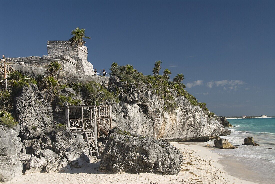 View of Tulum Beach with El Castillo (the Castle) in the Mayan ruins of Tulum in the background, Quintana Roo, Mexico, North America