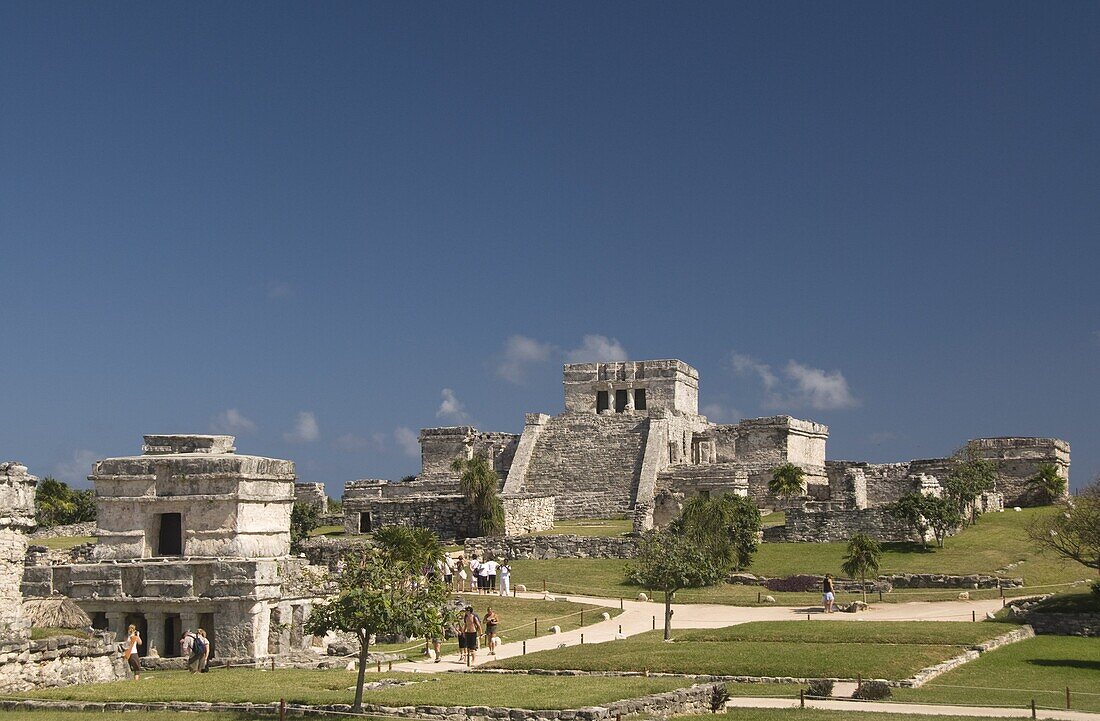 Templo de las Pinturas (Temple of Pictures) on left with El Castillo (the Castle) on right at the Mayan ruins of Tulum, Quintana Roo, Mexico, North America