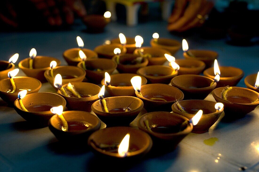Deepak lights (oil and cotton wick candles) lit for domestic decoration to celebrate the Diwali festival, India