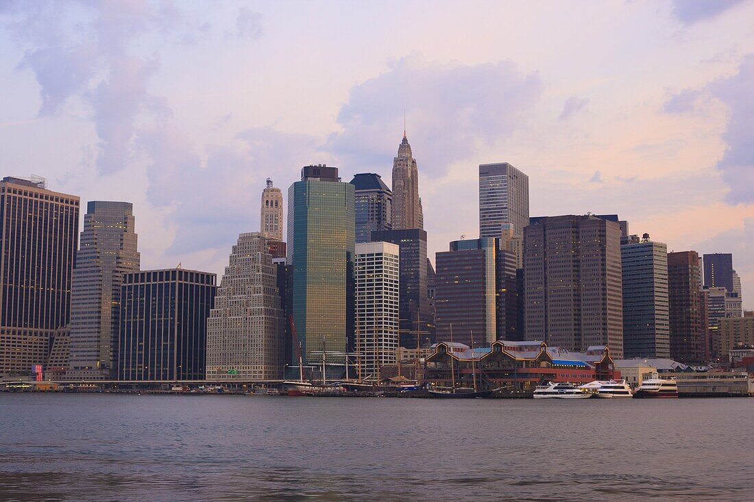 Lower Manhattan skyline at dawn, New York City, New York, United States of America, North America