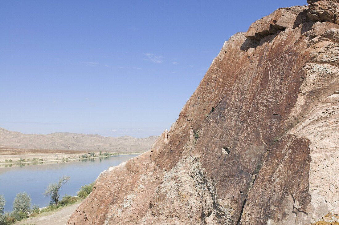 Buddhist carvings in Tamagaly Das above the Ily River, Kazakhstan, Central Asia