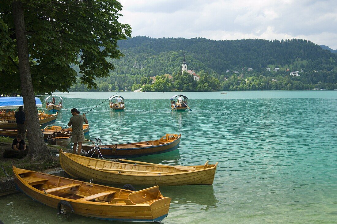 Rowing boats for hire, Lake Bled, Slovenia, Europe