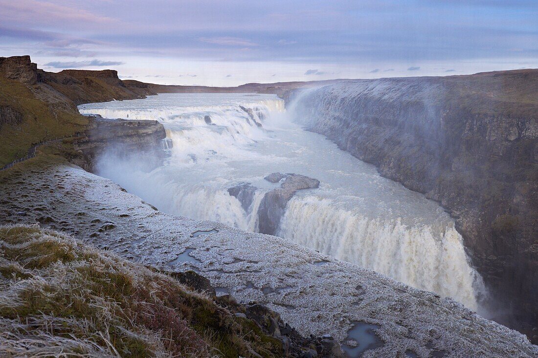 Gullfoss Waterfall (Golden Waterfall) in winter, Golden Circle tourism trail, Hvita River, Haukadalur, Iceland, Polar Regions