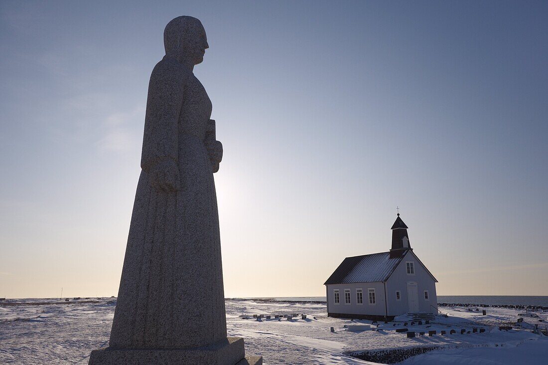 Strandakirkja wooden church in winter, said to be the richest in Iceland, because of donations of many seamen for centuries, Reykjanes Peninsula, between Thorlakshofn and Grindavik, Iceland, Polar Regions