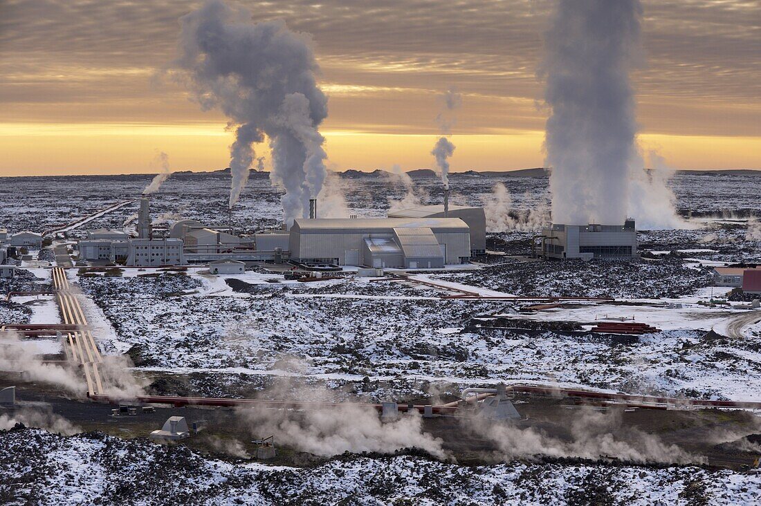 Svartsengi (Blue Lagoon) Geothermal Power Station at sunset, Grindavik, Reykjanes Peninsula, Iceland, Polar Regions