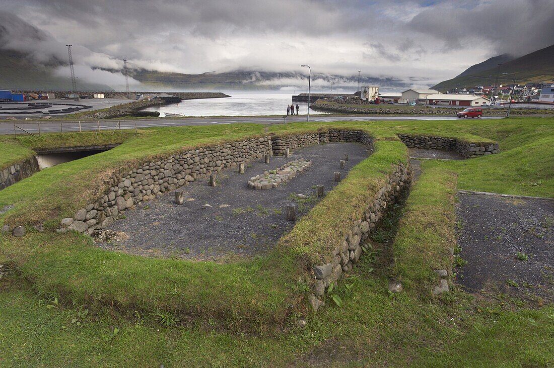 Viking longhouse dating from the 10th century, archaeological site of Toftanes, village of Leirvik, Eysturoy Island, Faroe Islands (Faroes), Denmark, Europe