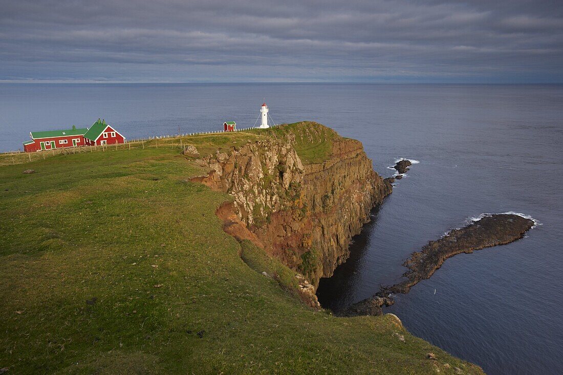 Akraberg lighthouse, Suduroy island, southernmost point of Faroe Islands (Faroes), Denmark, Europe