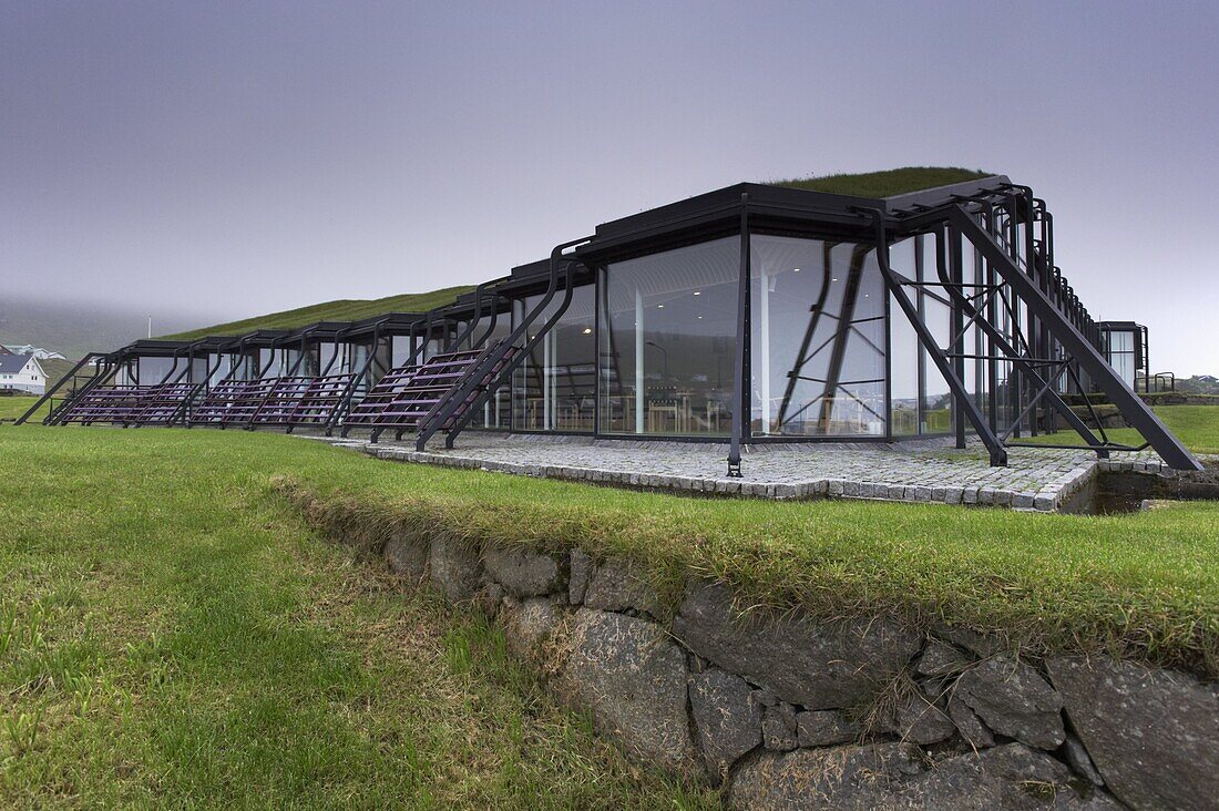 Nordic House, exteriors and turf covered roof, Torshavn, Streymoy, Faroe Islands (Faroes), Denmark, Europe