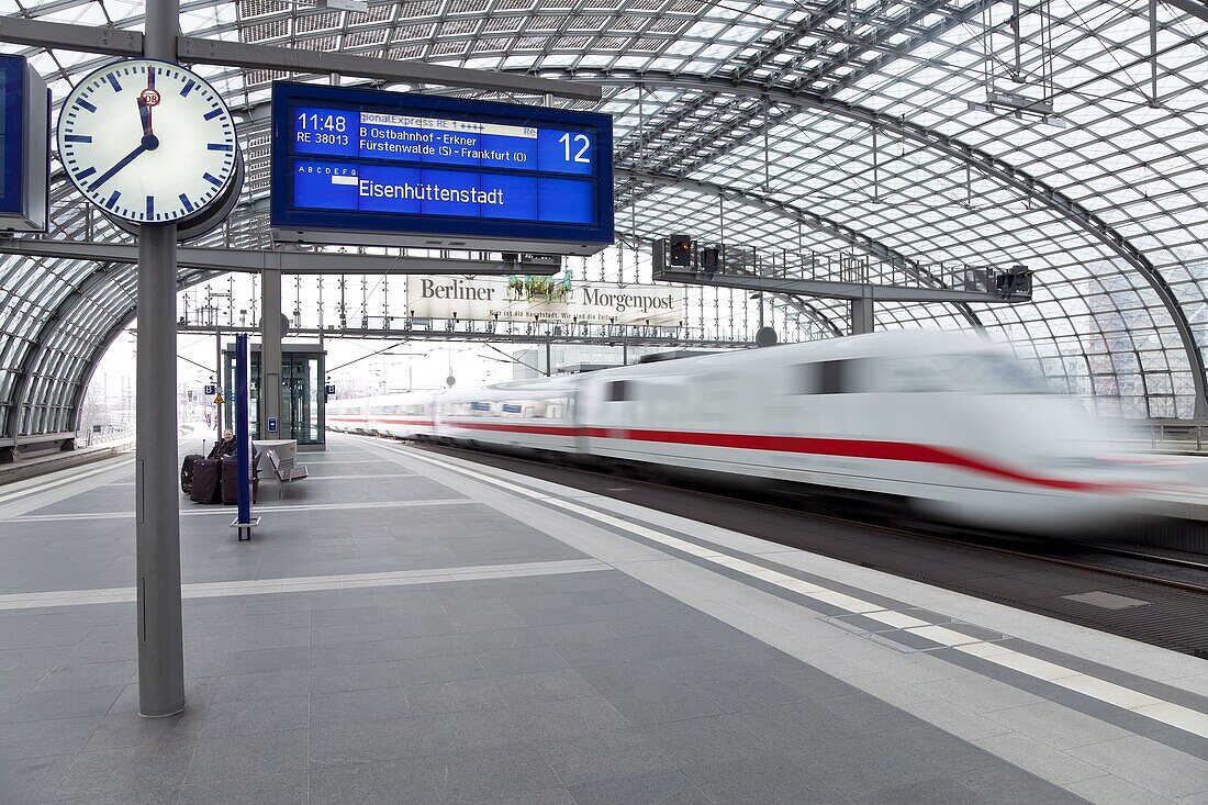 Train pulling into the platform,  new modern main railway station,  Berlin,  Germany,  Europe