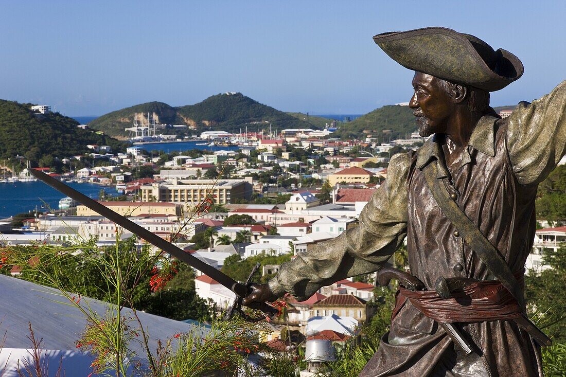 Sculpture in Blackbeard's Castle,  one of four National Historic sites in the US Virgin Islands,  with Charlotte Amalie in the background,  St. Thomas,  U.S. Virgin Islands,  West Indies,  Caribbean,  Central America