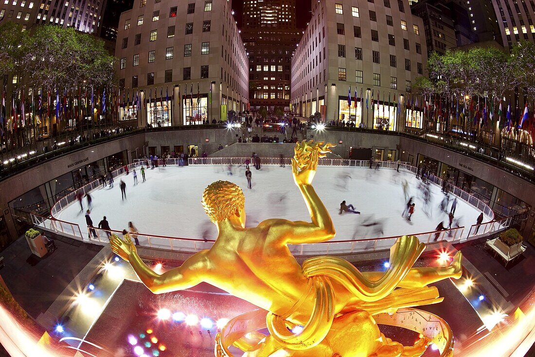 Ice Skating Rink below the Rockefeller Centre building on Fifth Avenue,  New York City,  New York,  United States of America,  North America