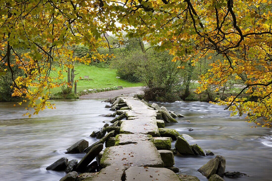 Tarr Steps clapper bridge in Autumn,  Exmoor National Park,  Somerset,  England,  United Kingdom,  Europe