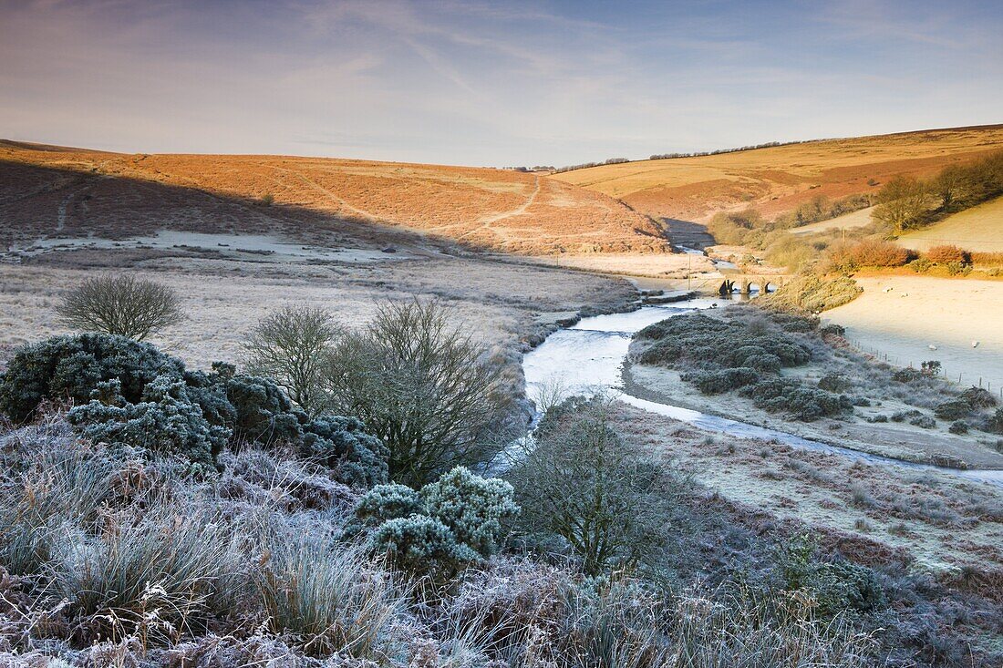 Sunlight thaws the frosted moorland landscape near Landacre Bridge,  Exmoor National Park,  Somerset,  England,  United Kingdom,  Europe