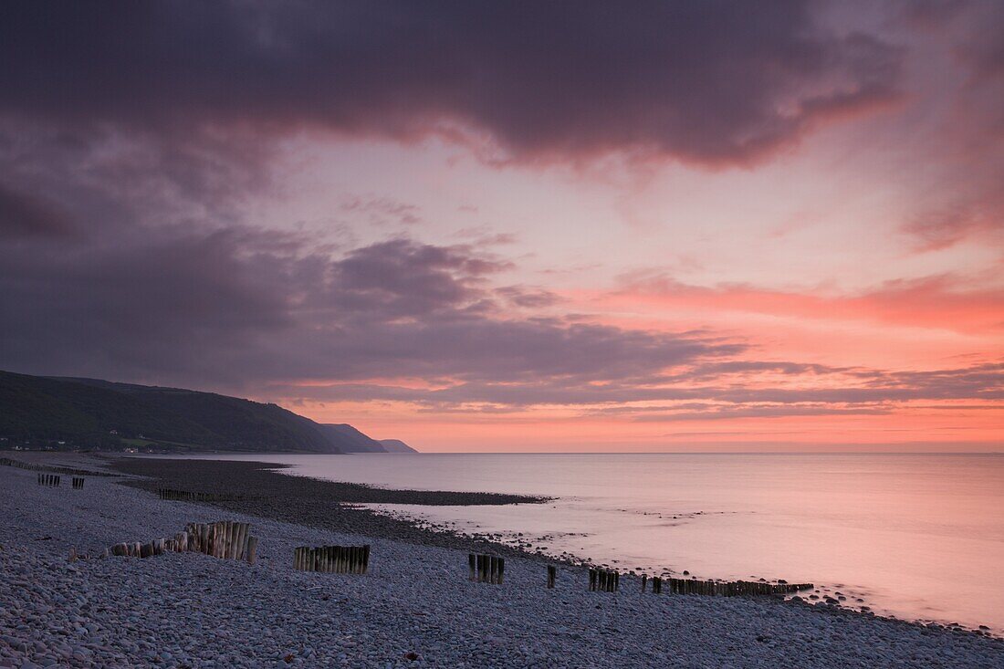 Beautiful sunset skies above Bossington Beach,  Exmoor National Park,  Somerset,  England,  United Kingdom,  Europe