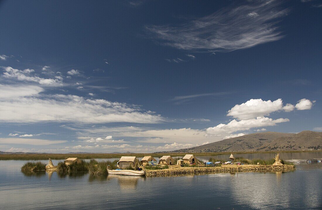 The floating islands of the Uros people,  Lake Titicaca,  Peru,  South America