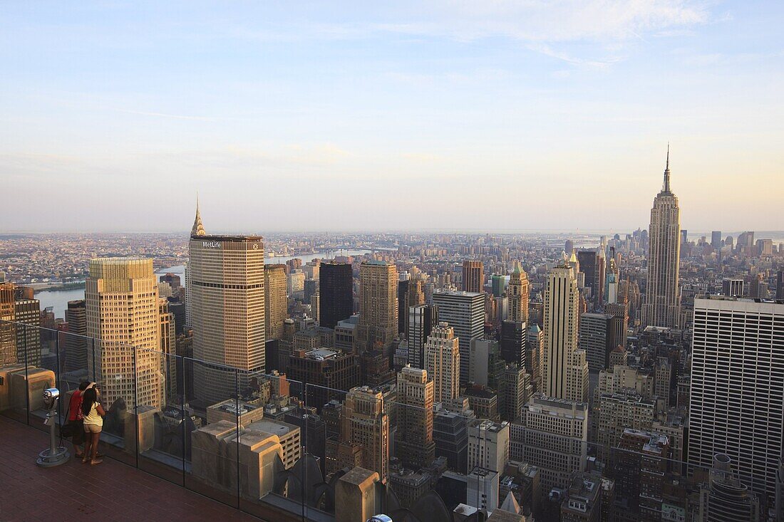 View from the top of the Rockefeller Center of Lower Manhattan and the Empire State Building,  New York City,  New York,  United States of America,  North America