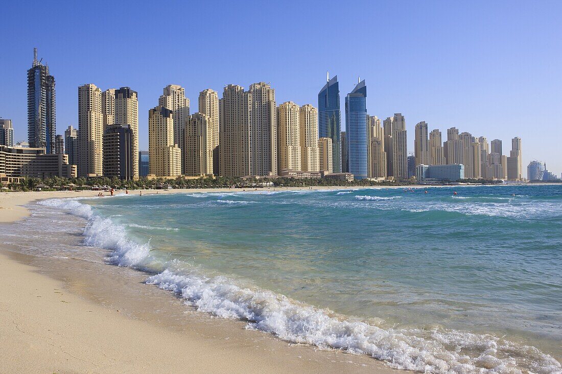 Hotel and apartment buildings along the seafront,  Dubai Marina,  Dubai,  United Arab Emirates,  Middle East