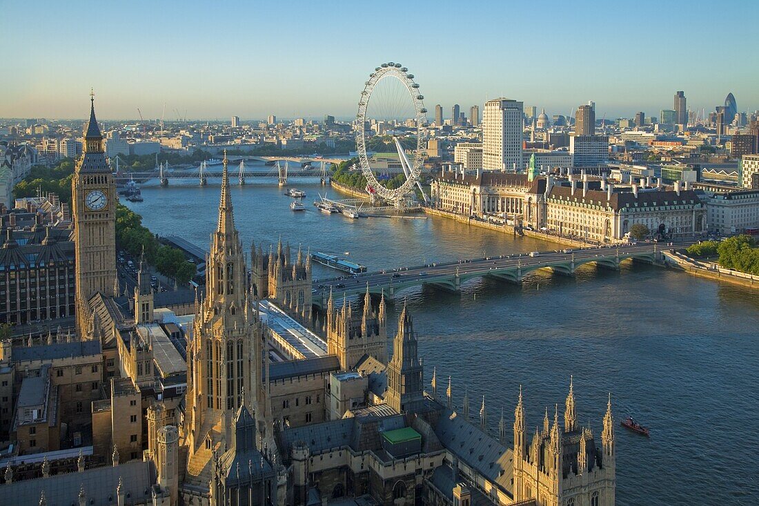 Palace of Westminster,  Big Ben,  River Thames and London Eye,  seen from Victoria Tower,  London,  England,  United Kingdom,  Europe