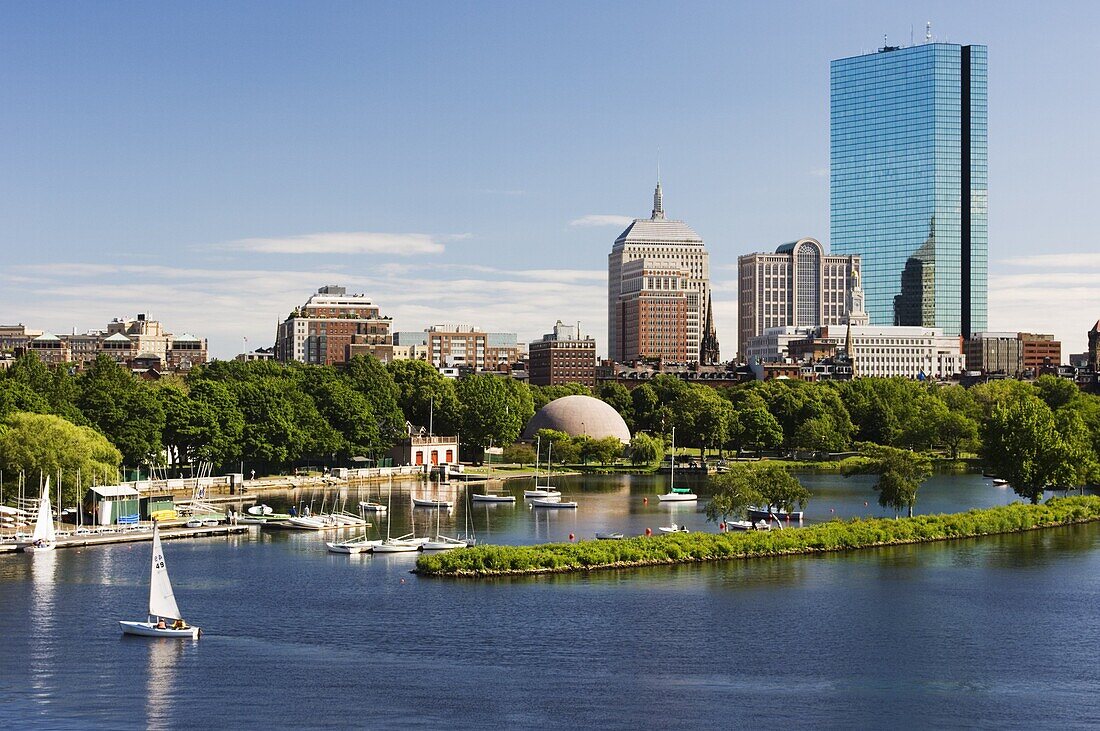 The John Hancock Tower and city skyline across the Charles River, Boston, Massachusetts, USA
