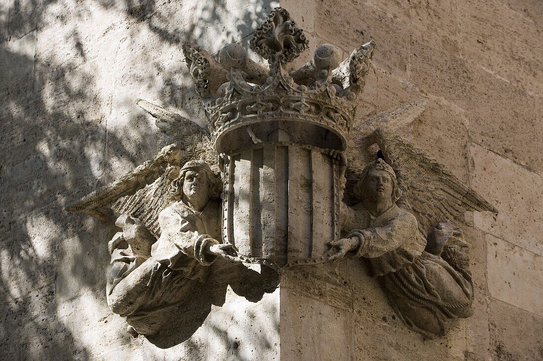 sculpture, corner of la Lonja de la Seda, Gothic hall,  Valencia, Mediterranean, Costa del Azahar, Spain, Europe