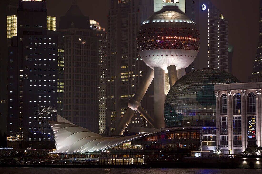 The Oriental Pearl Tower illuminated at night in the Lujiazui financial district of Pudong, Shanghai, China, Asia