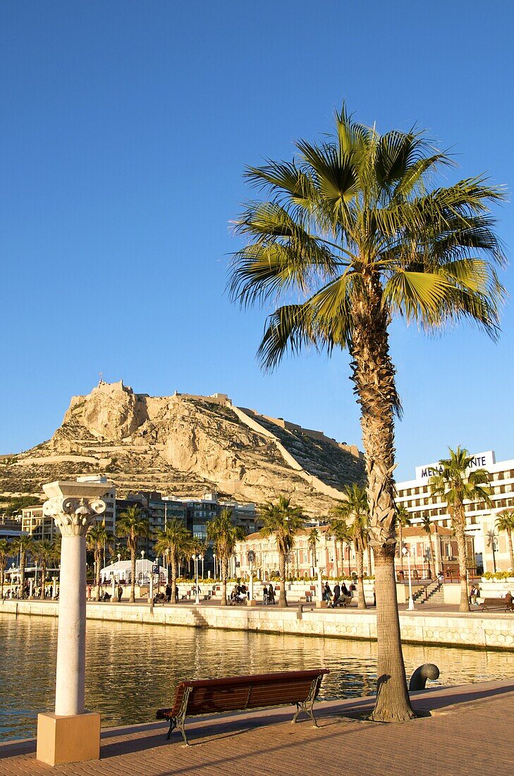 Santa Barbara castle seen from the harbour, Alicante, Valencia province, Spain, Europe