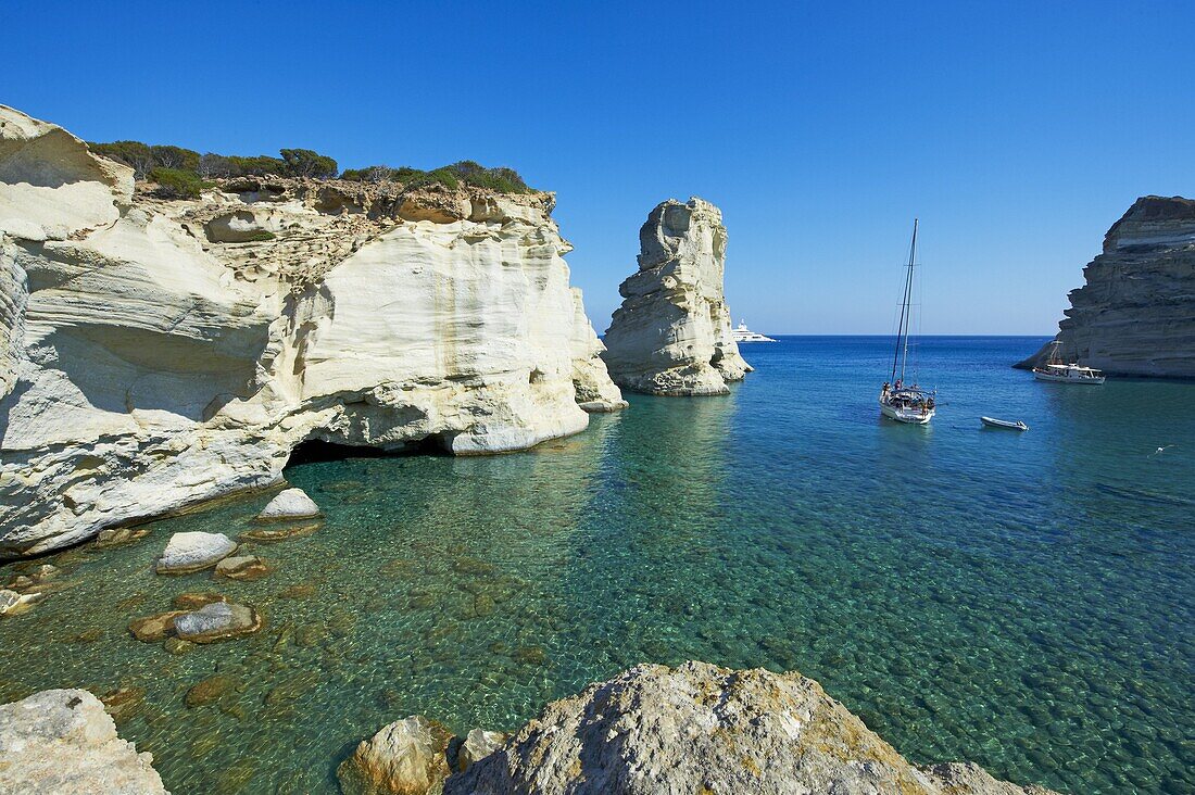 Kleftiko bay, white cliffs of Kleftiko, Milos Island, Cyclades Islands, Greek Islands, Aegean Sea, Greece, Europe