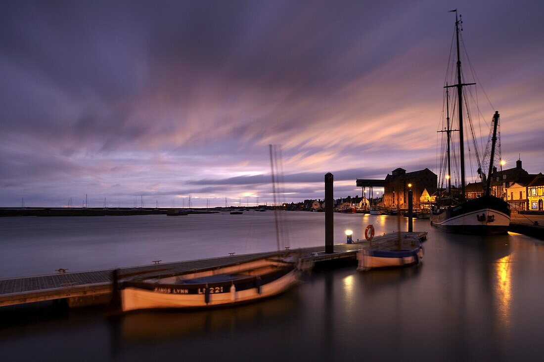 A moody winter morning showing the quay at Wells next the Sea, Norfolk, England, United Kingdom, Europe
