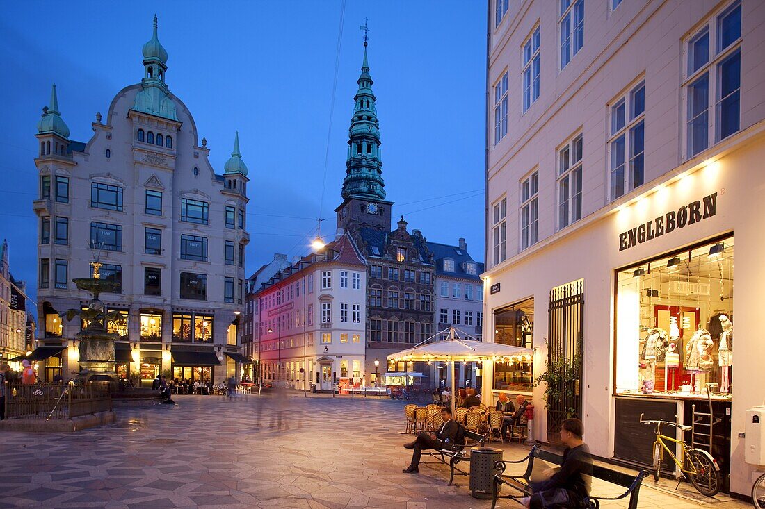 Nikolaj church and restaurants at dusk, Armagertorv, Copenhagen, Denmark, Scandinavia, Europe