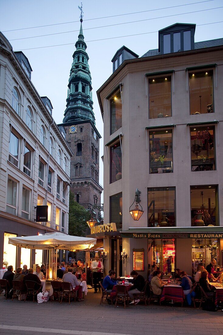 Nikolaj Church and restaurants at dusk, Copenhagen, Denmark, Scandinavia, Europe