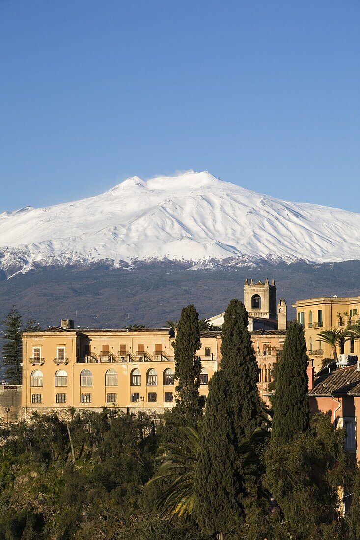 View over Taormina and Mount Etna with Hotel San Domenico Palace, Taormina, Sicily, Italy, Europe