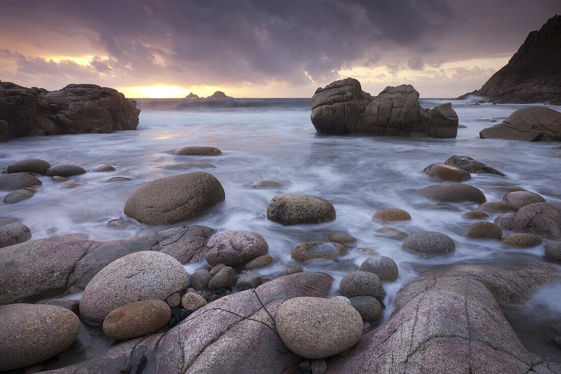 Sunset over The Brisons and Porth Nanven, West Cornwall, England, United Kingdom, Europe