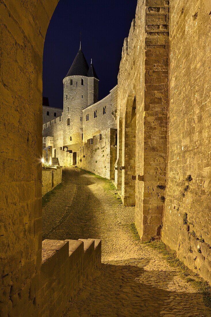 View through an archway in La Cite, Carcassonne, UNESCO World Heritage Site, Languedoc-Roussillon, France, Europe.