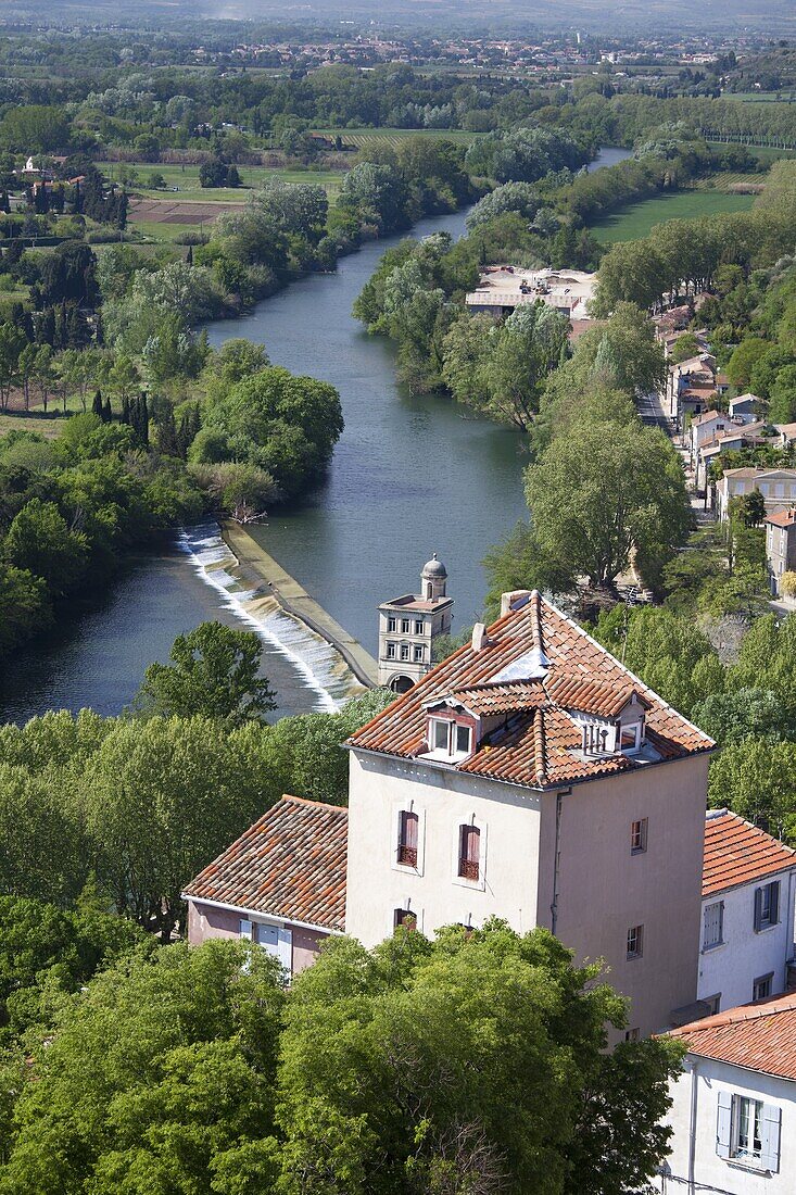 View of the River Orb from the top of Beziers Cathedral, Beziers, Languedoc-Roussillon, France, Europe