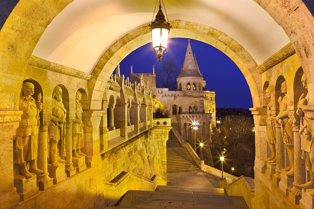 Fishermen's Bastion (Halaszbastya) at dusk, Buda, Budapest, Hungary, Europe