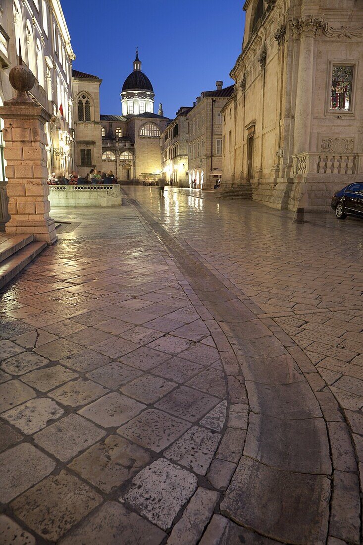 Dome of Cathedral illuminated at dusk, Old Town, UNESCO World Heritage Site, Dubrovnik, Croatia, Europe