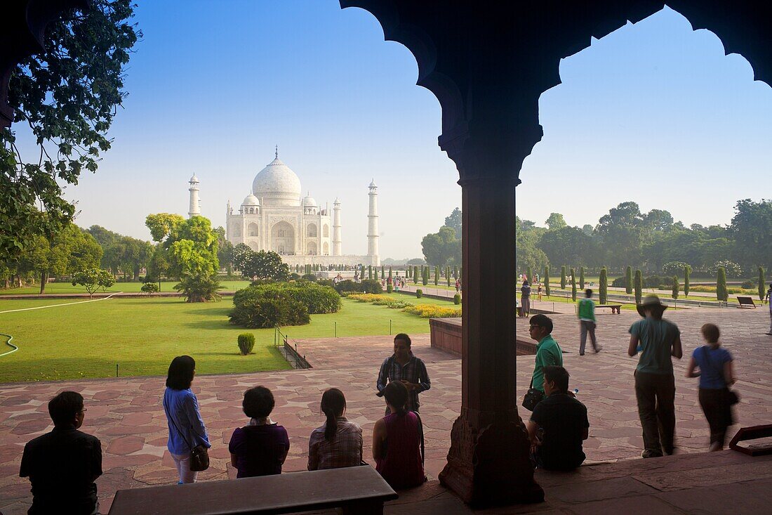 Taj Mahal, UNESCO World Heritage Site, viewed through decorative stone archway, Agra, Uttar Pradesh state, India, Asia