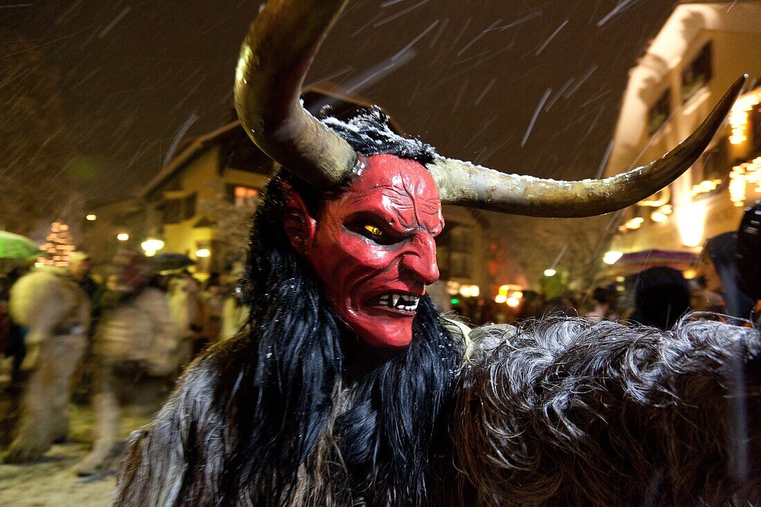 Krampus is a mythical creature recognized in Alpine countries, Campo Tures, South Tyrol, Bolzano, Italy, Europe