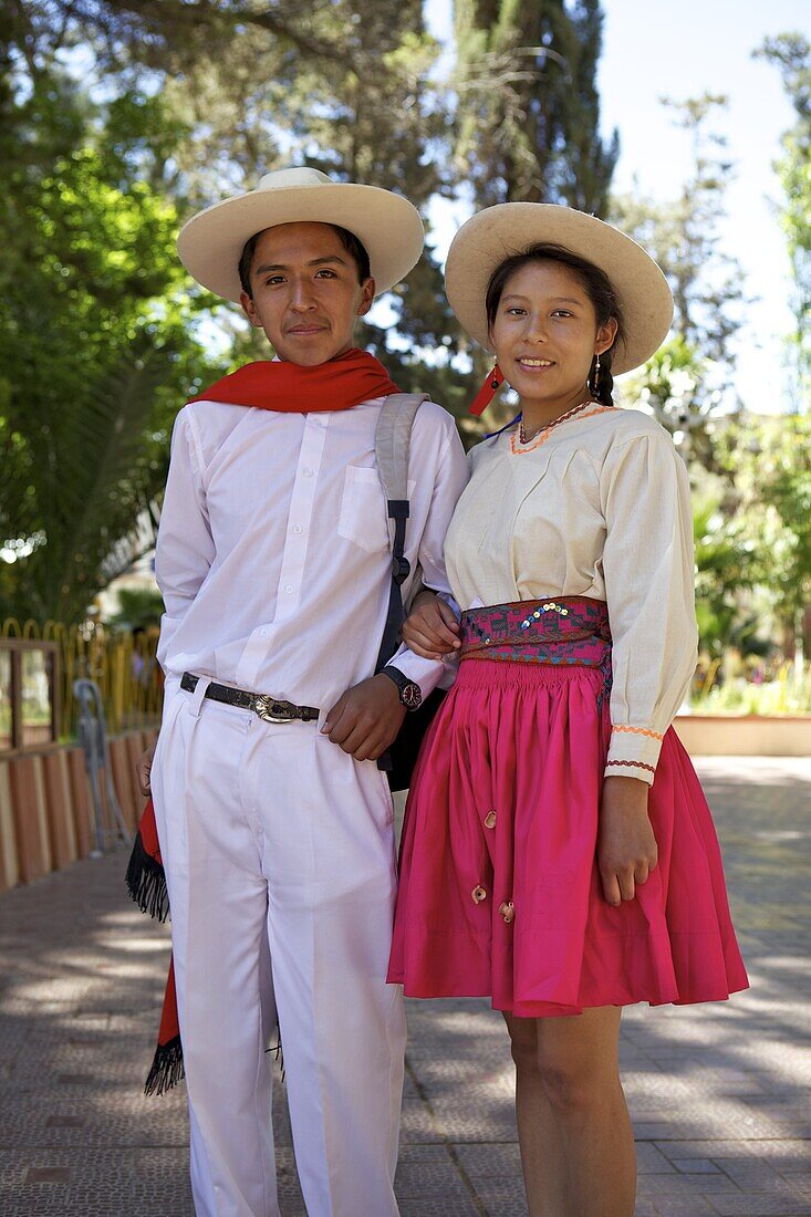 Traditionally dressed young couple, Tupiza, Bolivia, South America