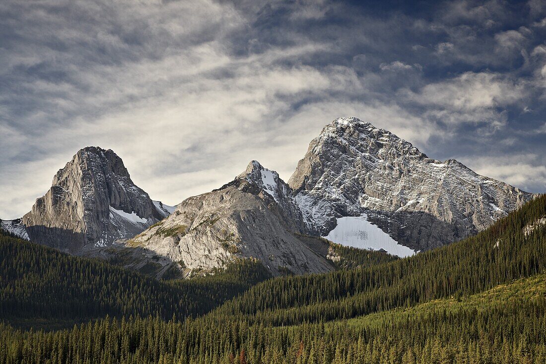 Alpine scene in the fall with Smutts Creek, Commonwealth Peak on left, Pigs Tail (Sharks Tooth) in the center and Mount Birdwood on the right, Peter Lougheed Provincial Park, Kananaskis Country, Alberta, Canada, North America