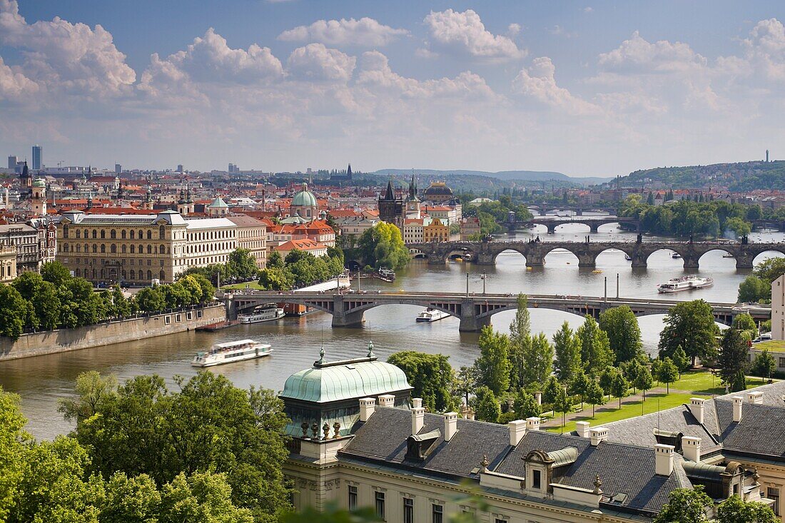 View of the River Vltava and bridges, Prague, Czech Republic, Europe