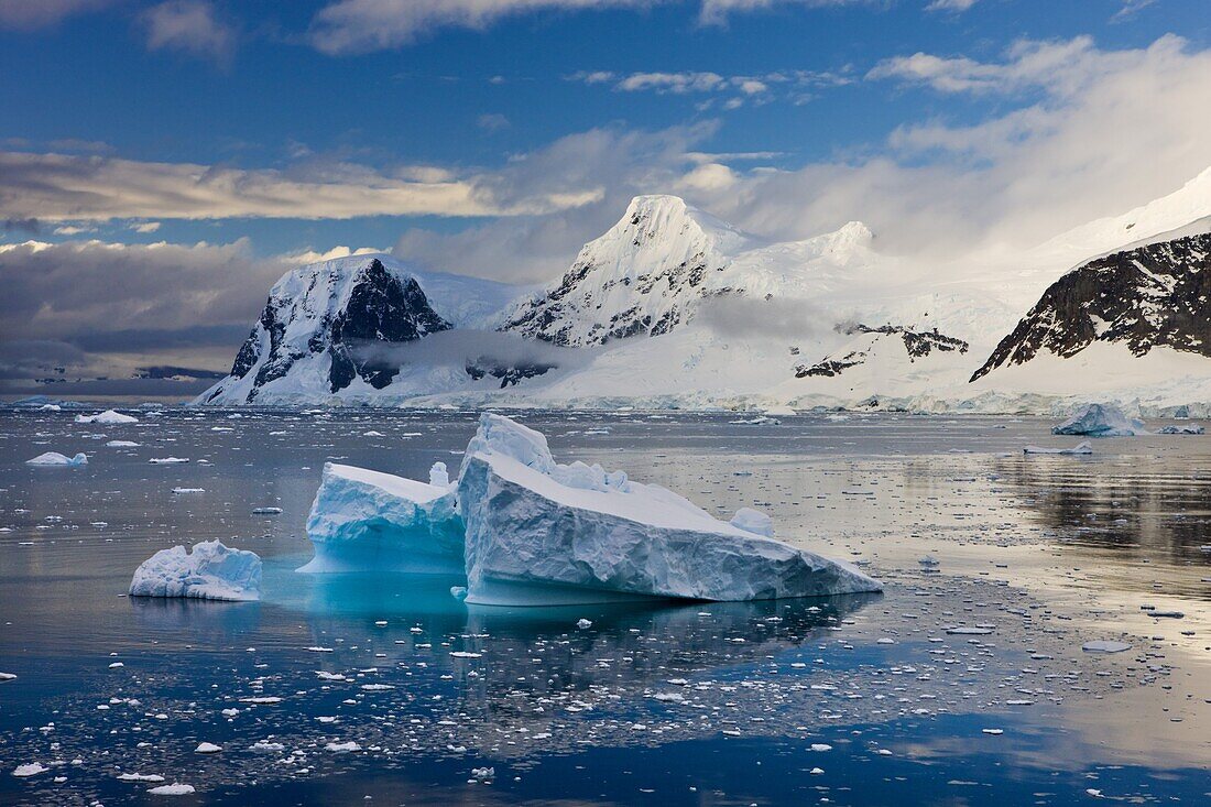 Icebergs drifting past snow covered mountains on the Gerlache Strait, Antarctic Peninsula, Antarctica, Polar Regions